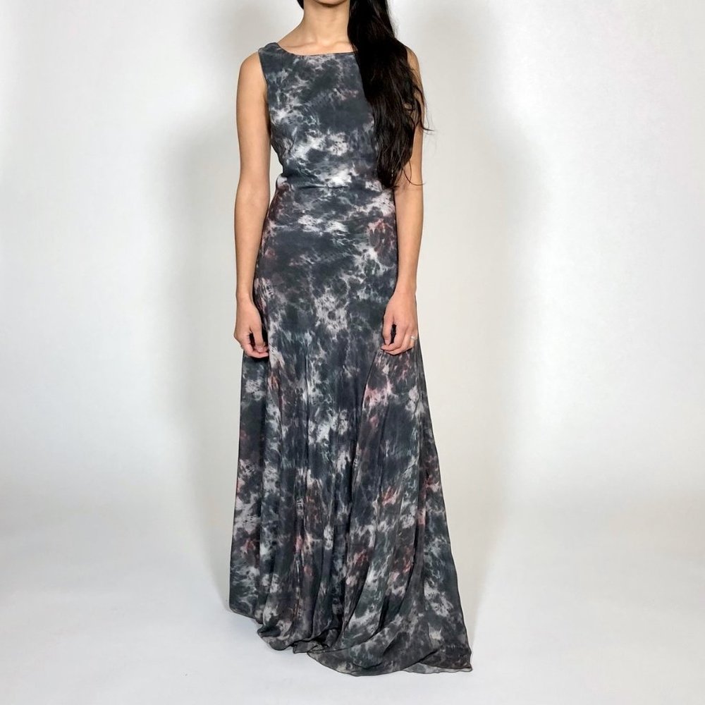 GESTUZ Bamboo Grey Printed Silk Tie-Dye Low Scoop Back Maxi Dress sz 36 S 6